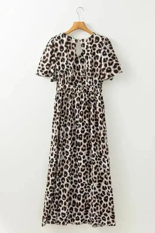 Maxi Dresses Leopard Open Back Maxi Dress - V Neck Cinched High Waist