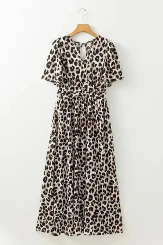 Maxi Dresses Leopard Open Back Maxi Dress - V Neck Cinched High Waist