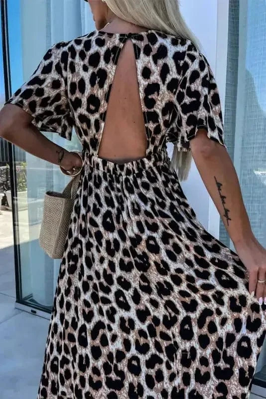 Maxi Dresses Leopard Open Back Maxi Dress - V Neck Cinched High Waist