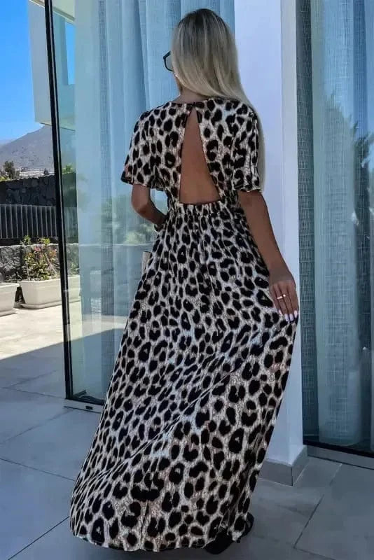 Maxi Dresses Leopard Open Back Maxi Dress - V Neck Cinched High Waist