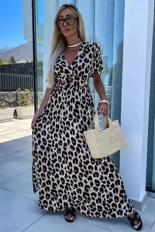 Maxi Dresses Leopard Open Back Maxi Dress - V Neck Cinched High Waist