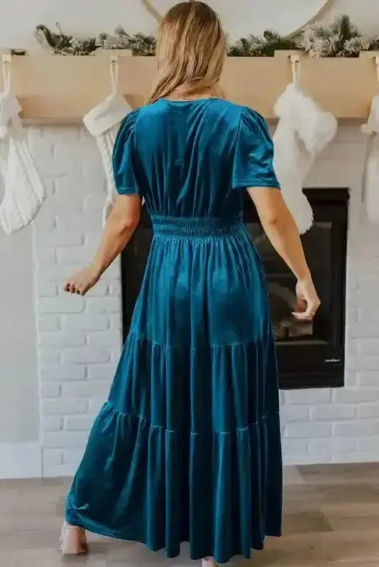 Velvet tiered boho maxi dress back view — Fashionfitz UK