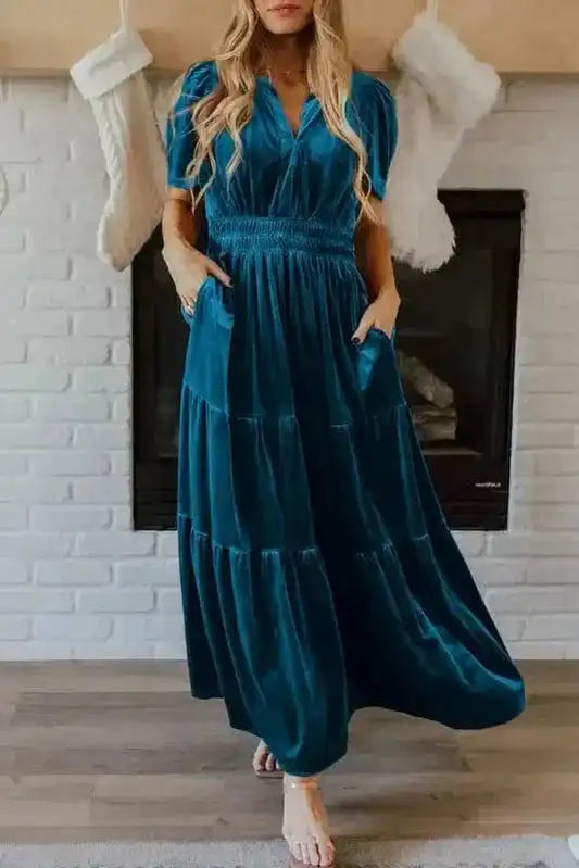 Maxi Dresses Prussian Blue / S / 95%Polyester+5%Elastane Luxe Velvet Tiered Maxi - Elegance Redefined