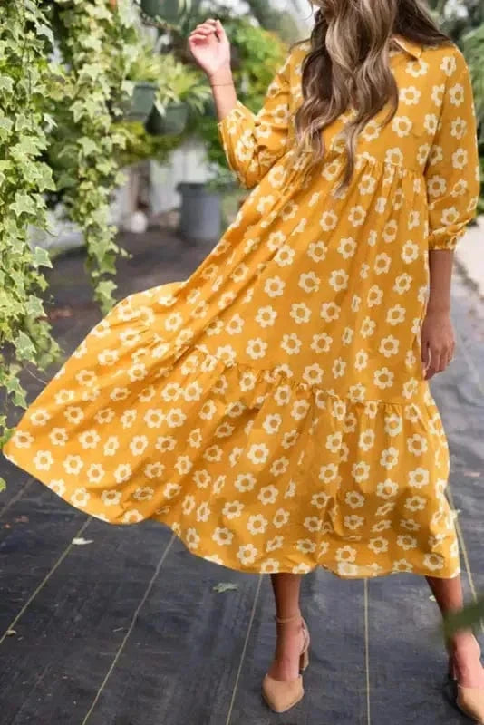 Maxi Dresses Yellow / S / 100%Cotton Yellow Flower Print Maxi Dress