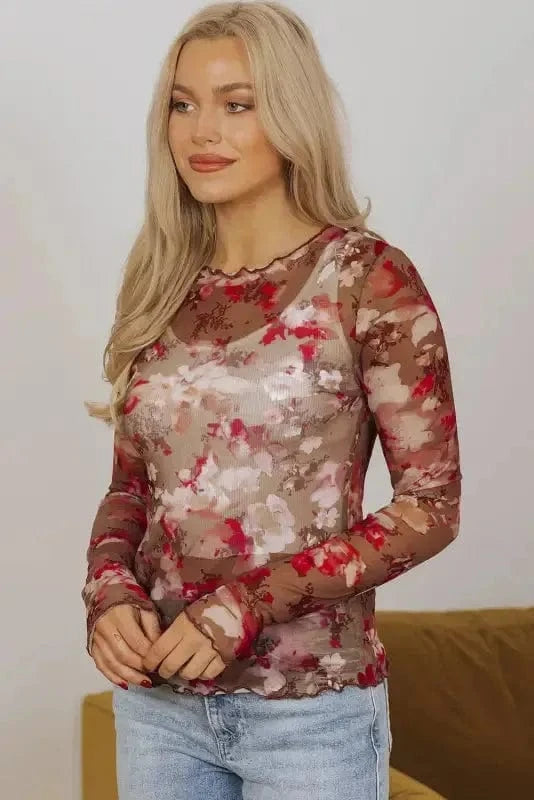 Mesh Tops Floral Mesh Long Sleeve Top