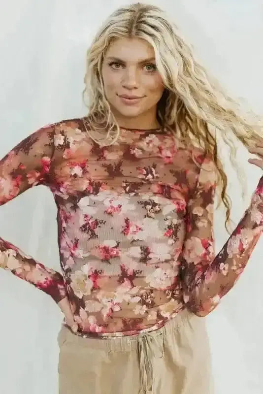 Mesh Tops Floral Mesh Long Sleeve Top