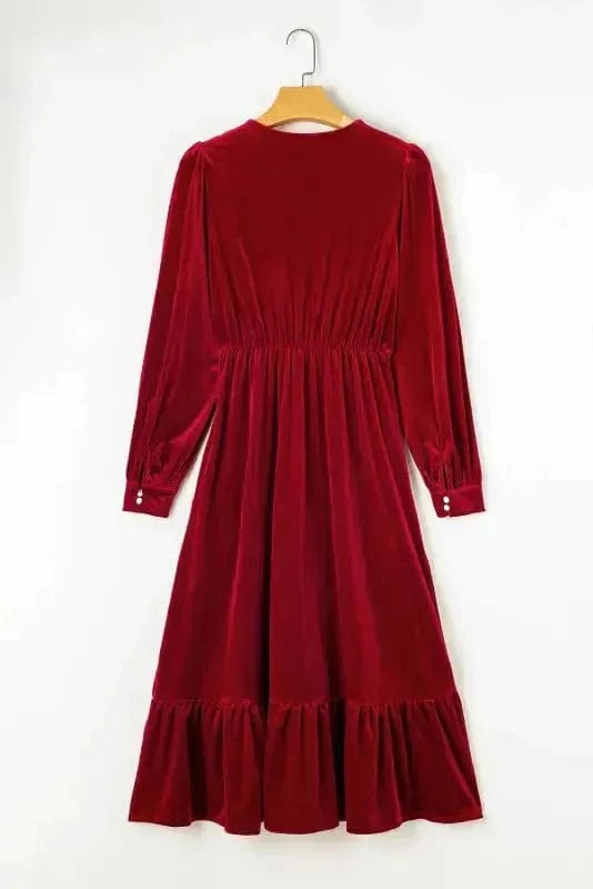 Midi Dresses Black Velvet Midi Dress - Buttoned Puff Sleeve V-Neck Split
