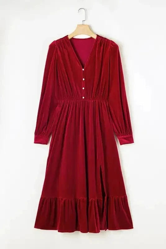 Midi Dresses Black Velvet Midi Dress - Buttoned Puff Sleeve V-Neck Split