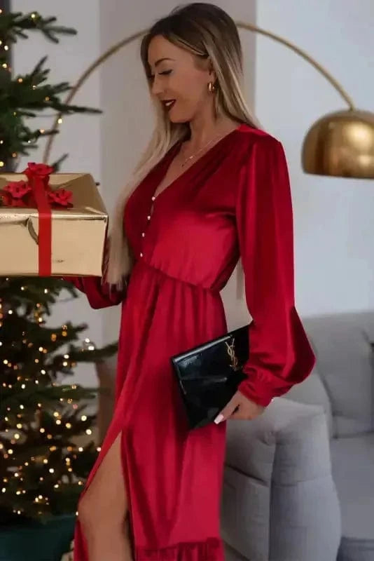 Midi Dresses Black Velvet Midi Dress - Buttoned Puff Sleeve V-Neck Split