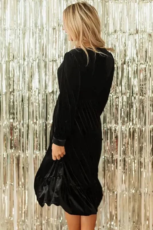 Midi Dresses Black Velvet Midi Dress - Buttoned Puff Sleeve V-Neck Split