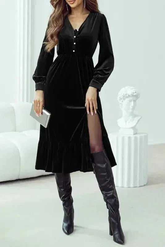 Midi Dresses Black Velvet Midi Dress - Buttoned Puff Sleeve V-Neck Split