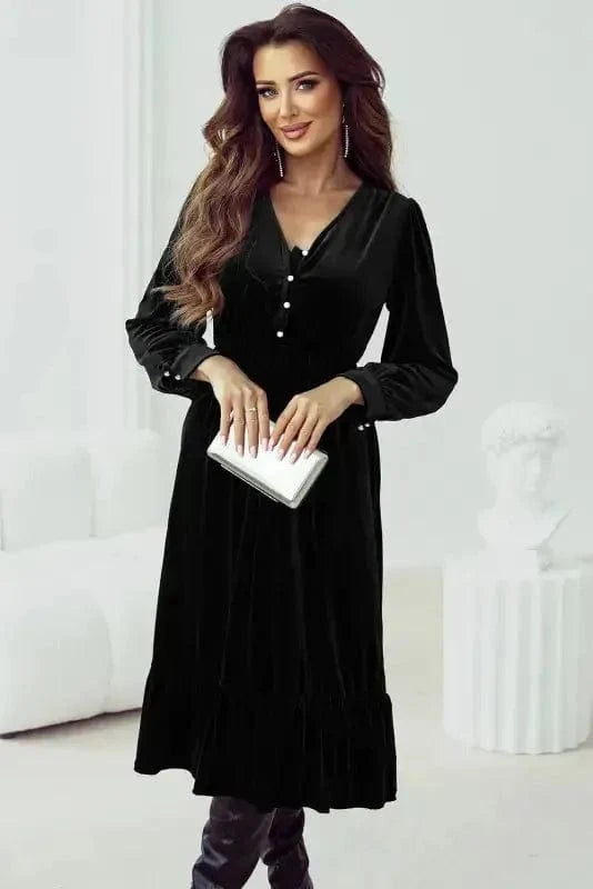 Midi Dresses Black Velvet Midi Dress - Buttoned Puff Sleeve V-Neck Split