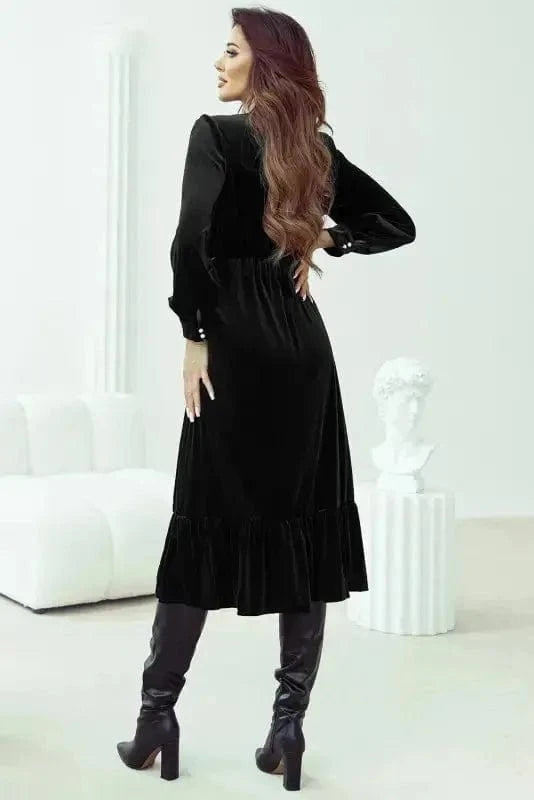 Midi Dresses Black Velvet Midi Dress - Buttoned Puff Sleeve V-Neck Split