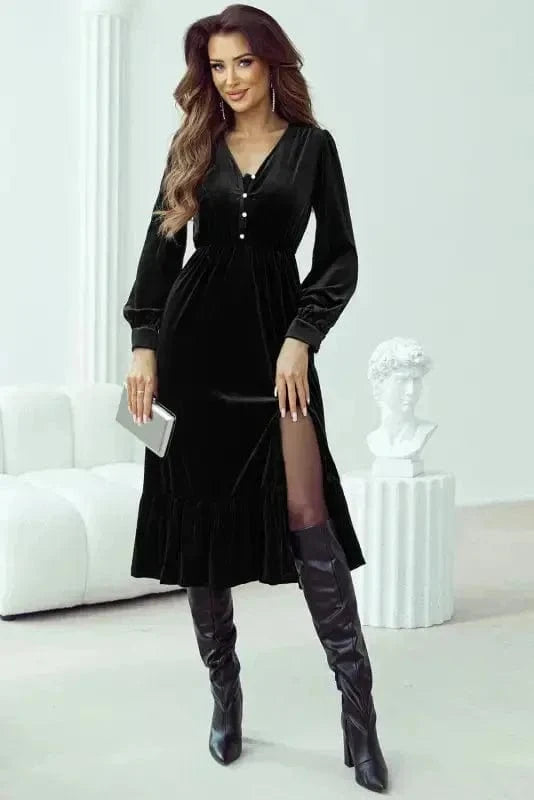 Midi Dresses Black Velvet Midi Dress - Buttoned Puff Sleeve V-Neck Split