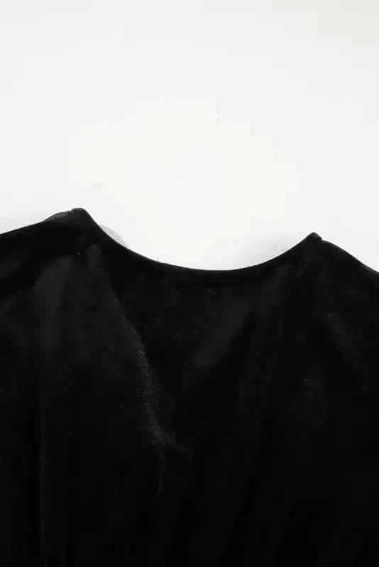 Midi Dresses Black Velvet Midi Dress - Buttoned Puff Sleeve V-Neck Split