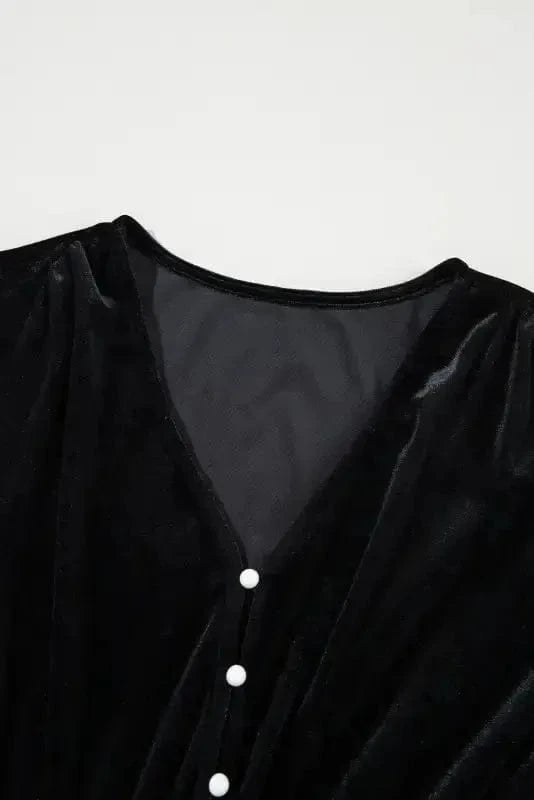 Midi Dresses Black Velvet Midi Dress - Buttoned Puff Sleeve V-Neck Split