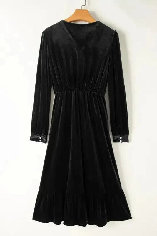 Midi Dresses Black Velvet Midi Dress - Buttoned Puff Sleeve V-Neck Split