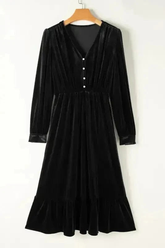 Midi Dresses Black Velvet Midi Dress - Buttoned Puff Sleeve V-Neck Split