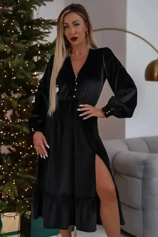 Midi Dresses Black Velvet Midi Dress - Buttoned Puff Sleeve V-Neck Split