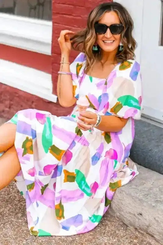 Midi Dresses Purple Abstract Midi Dress - Puff Sleeve Smocked Back