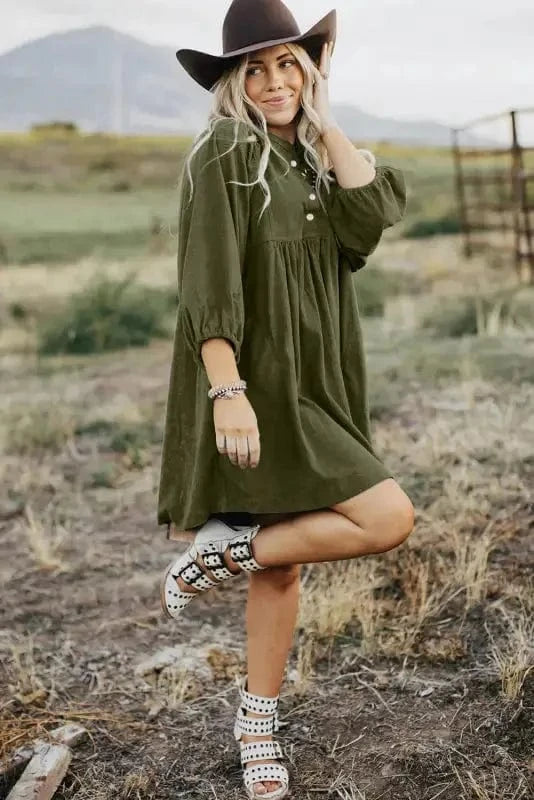 Mini Dresses Autumn Empire Corduroy Dress - Vineyard Green