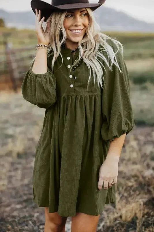Mini Dresses Autumn Empire Corduroy Dress - Vineyard Green