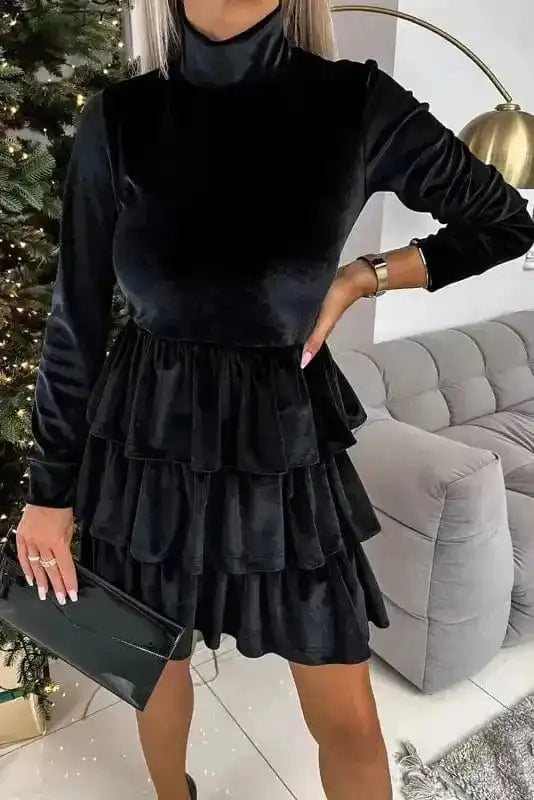 Mini Dresses Black / S / 95%Polyester+5%Elastane Velvet Cascade Cocktail Dress