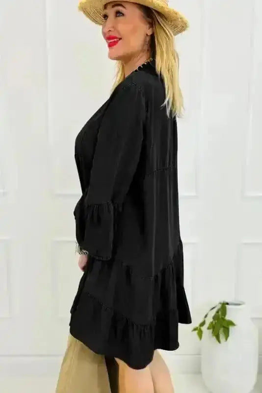 Black chambray tiered rick rack mini dress back view — Fashionfitz UK
