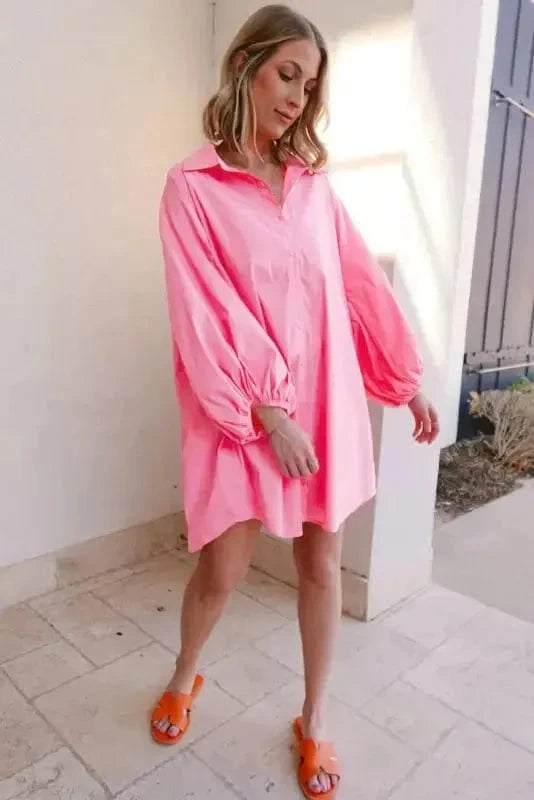 Mini Dresses Chic Pink Balloon-Sleeve Mini Dress