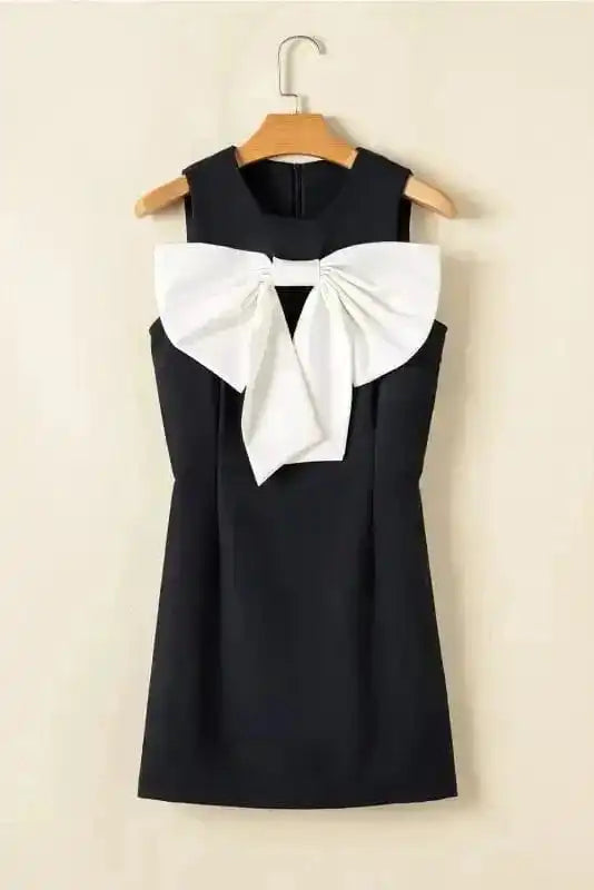 Mini Dresses Elegant Black Mini Dress – Sleeveless Bowknot Applique