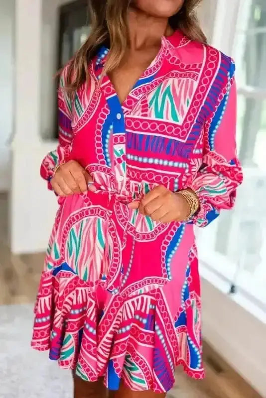 Pink floral puff sleeve ruffled mini dress back view — Fashionfitz UK