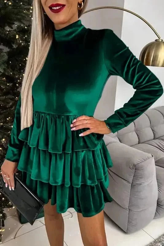 Mini Dresses Evergreen / S / 95%Polyester+5%Elastane Chic Velvet Ruffle Mini - Elegant Evening Wear