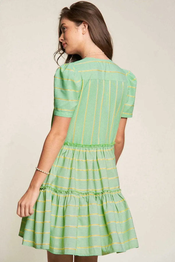 Evergreen stripe frill hem mini dress back view — Fashionfitz UK