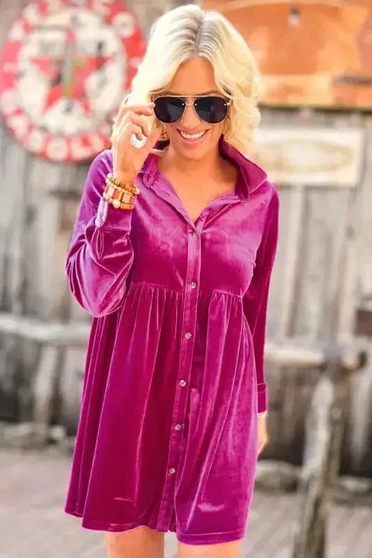 Mini Dresses Fashionfitz Velvet Button Up Dress for Stylish Comfort