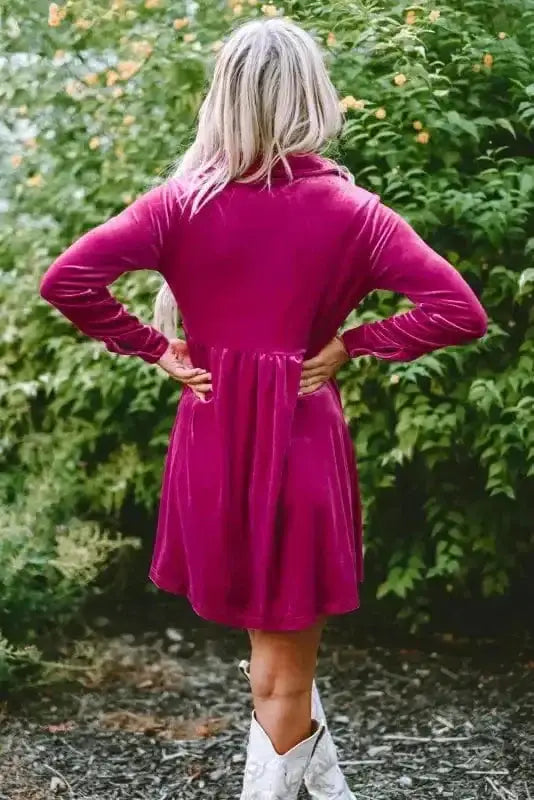 Rose red velvet ruffle mini dress back view — Fashionfitz UK