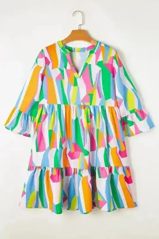 Mini Dresses Green / S / 100%Polyester Posh Print V-Neck Dress