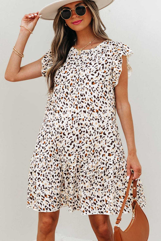 Mini Dresses Khaki / S / 100%Polyester Leopard Ruffled Mini Dress