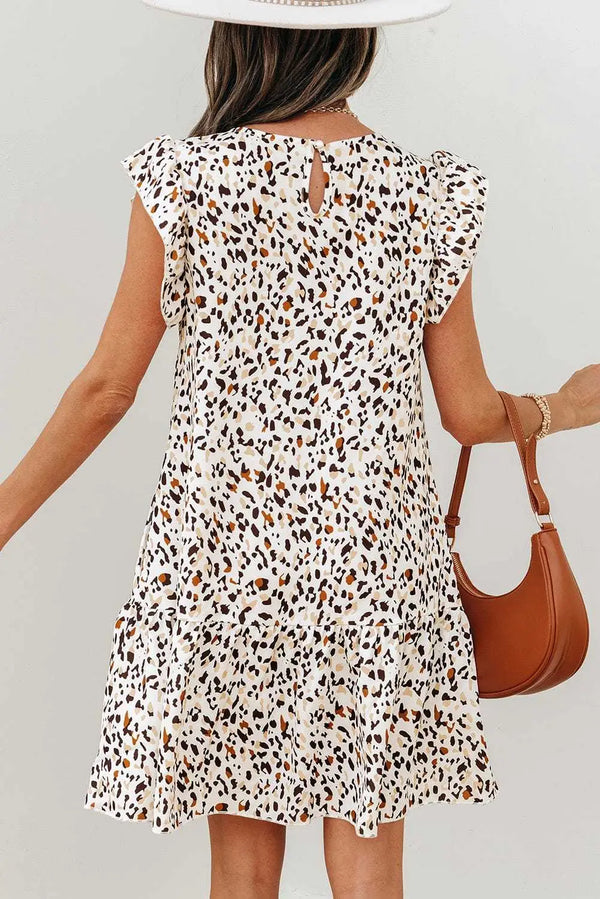 Khaki leopard print ruffled mini dress back view — Fashionfitz UK