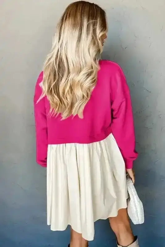 Rose red colourblock poplin mini dress back view — Fashionfitz UK