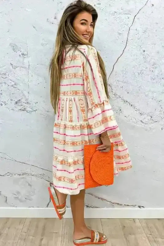 Orange stripe boho A-line mini dress back view — Fashionfitz UK