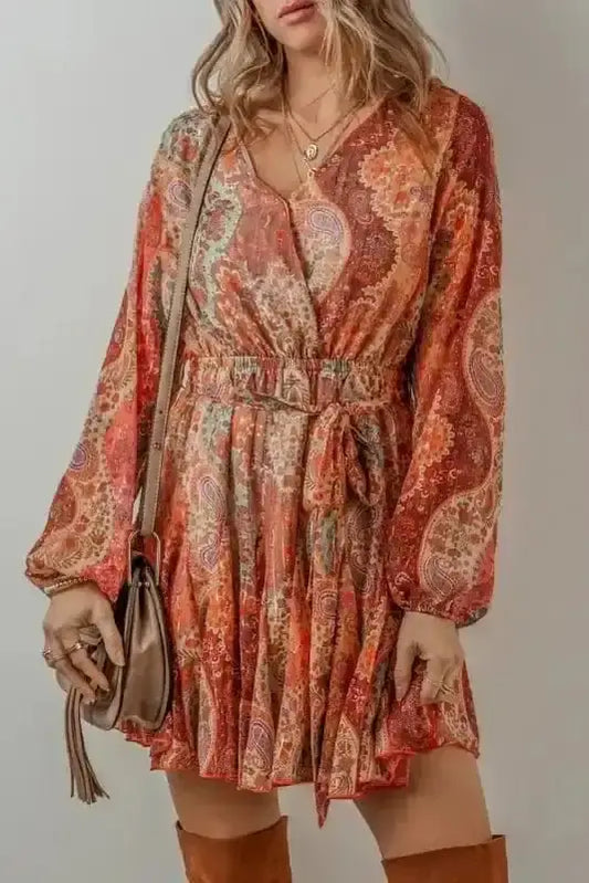 Mini Dresses Orange / S / 100%Polyester Autumn Elegance Paisley Mini Dress