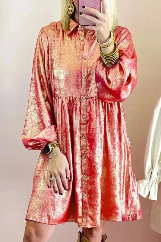 Mini Dresses Peach Blossom / S / 100%Polyester Shimmer Chic Mini Shirt Dress
