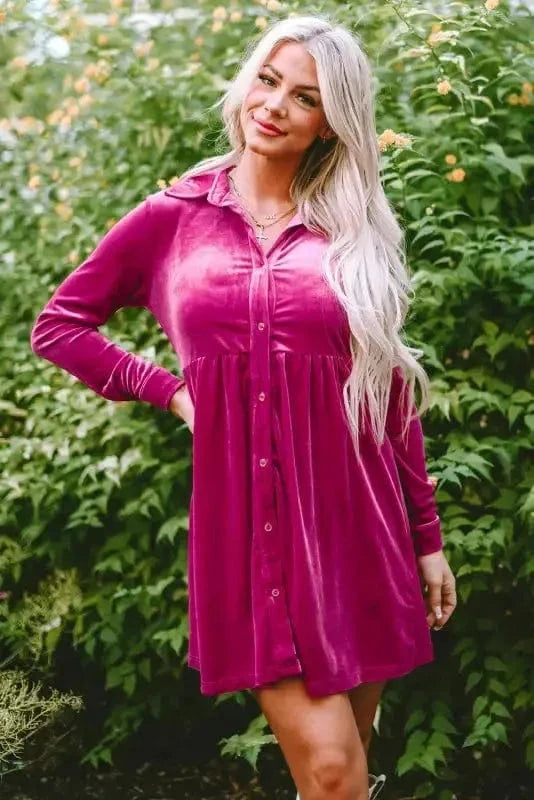 Mini Dresses Rose / S / 95%Polyester+5%Elastane Fashionfitz Velvet Button Up Dress for Stylish Comfort