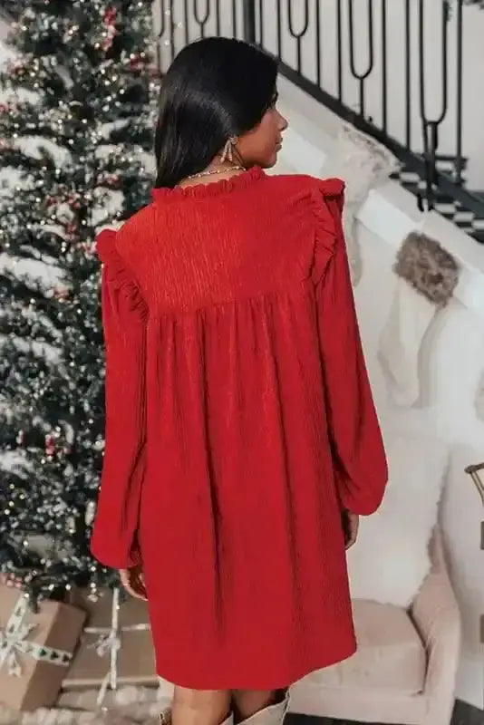 Fiery red frill textured mini dress back view — Fashionfitz UK
