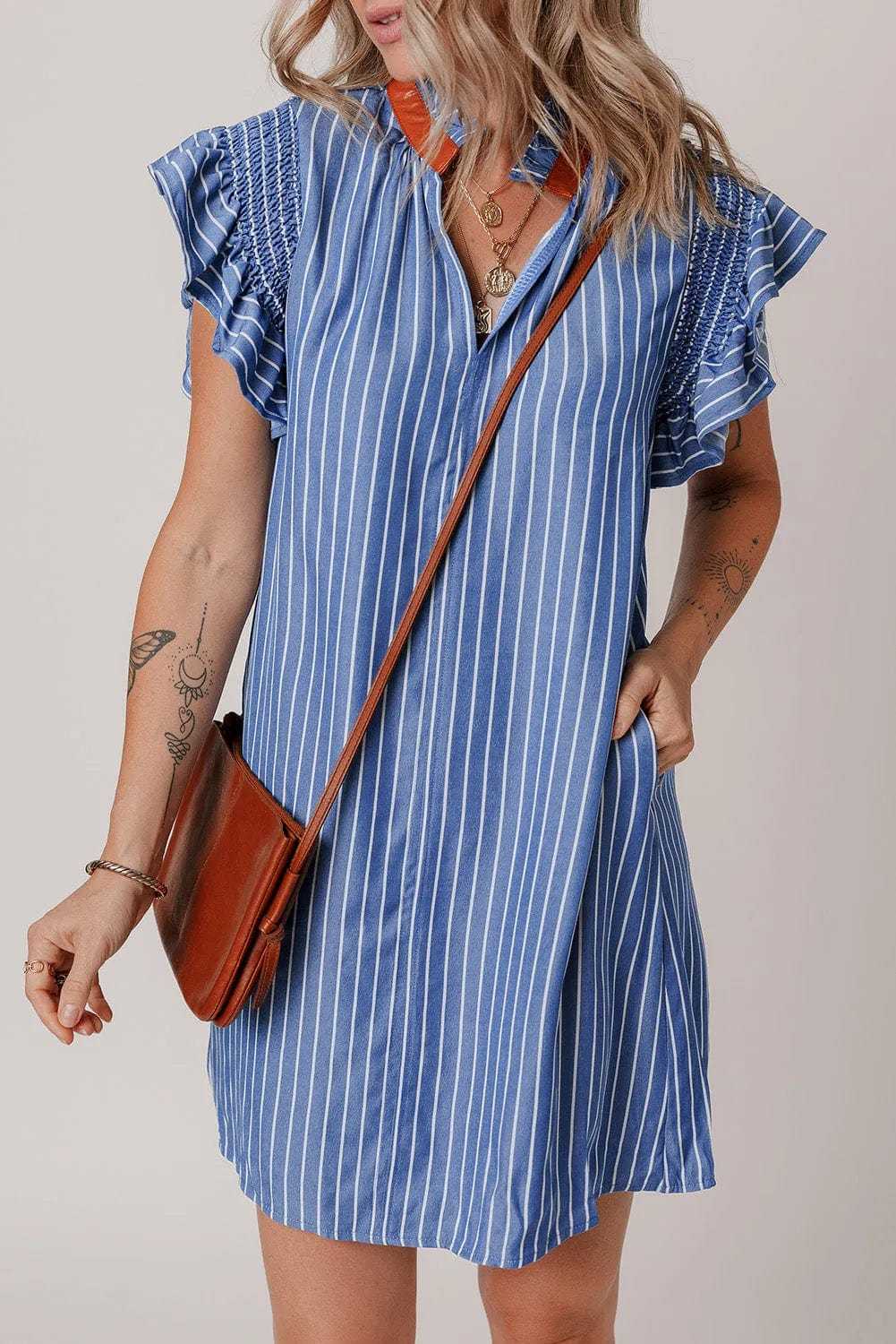 Mini Dresses Sky Blue Stripe / S / 50%Polyester+50%Viscose Blue Stripe Short Shift Dress