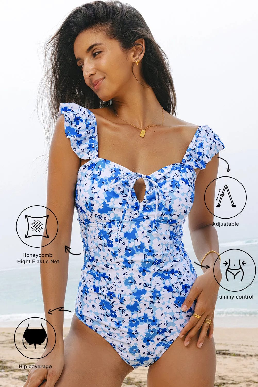 One Piece Swimsuit Boho Floral One-Piece Swimsuit - Ruffled Straps