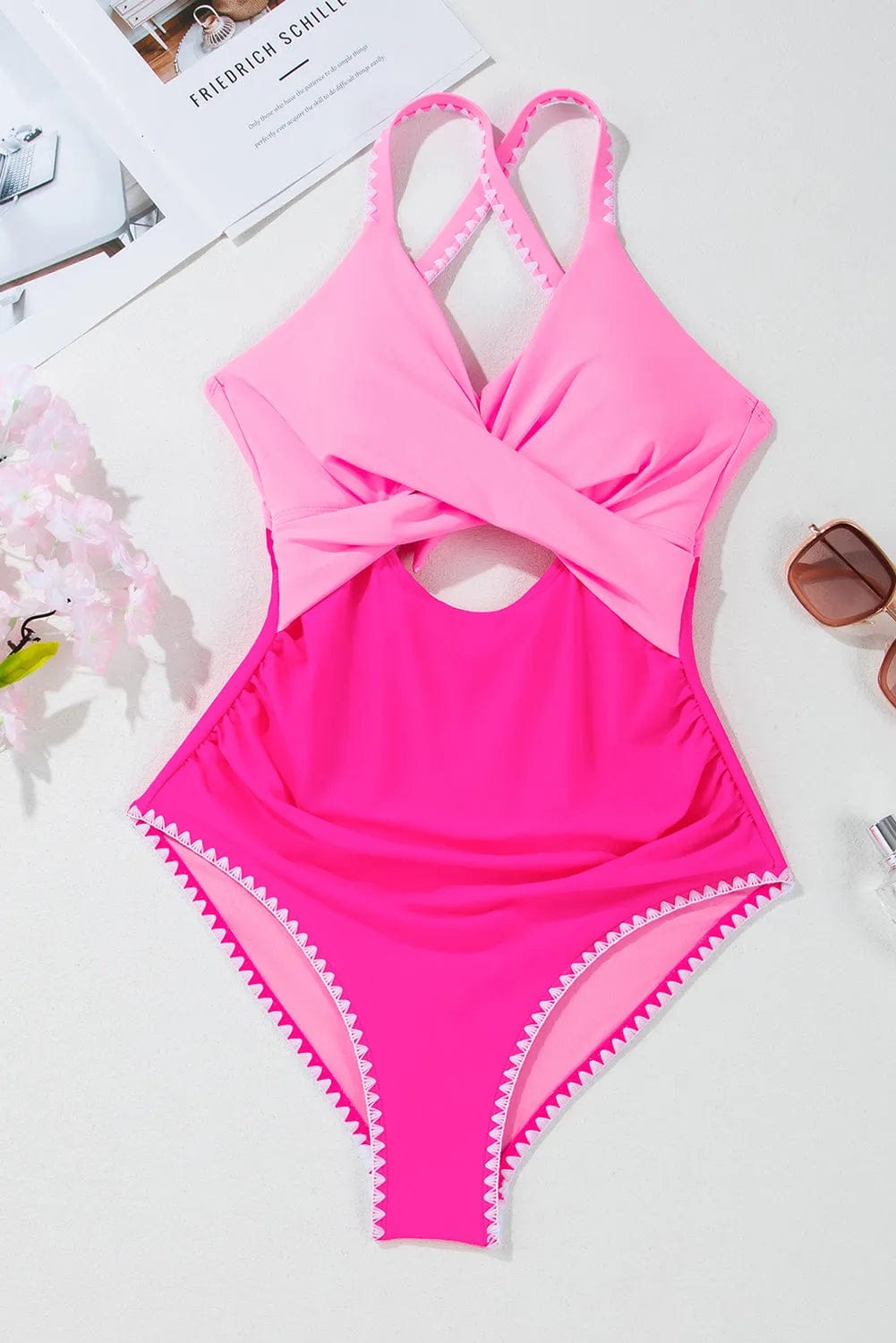 One Piece Swimsuit Cutout One Piece Swimsuit - Rose-Red Ricrac Trim