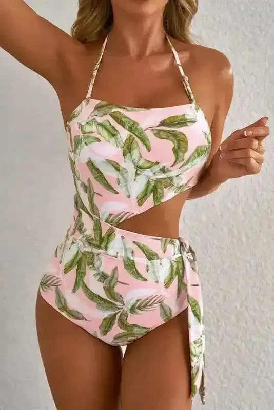 One Piece Swimsuit Island Vibes Swimsuit: Pink Tropical Asymmetric One-Piece