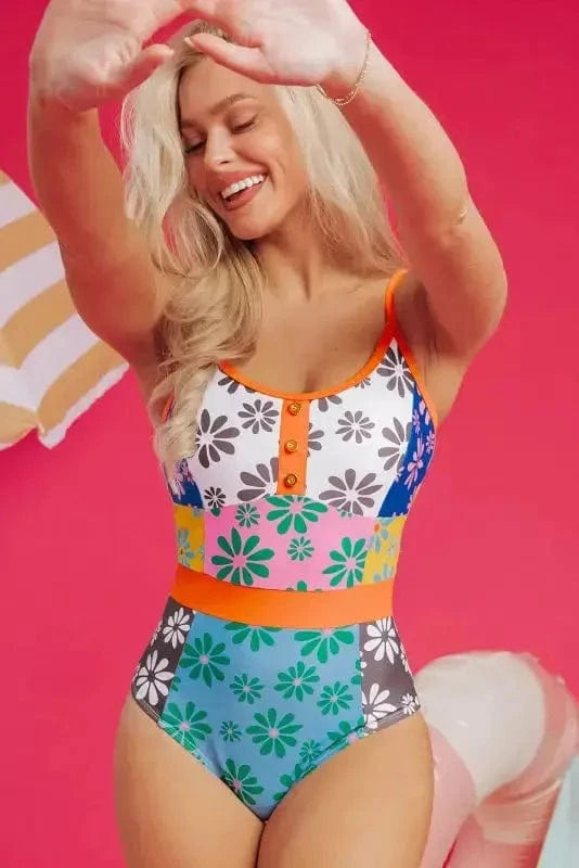One Piece Swimsuit Orange Floral Teddy Swimsuit