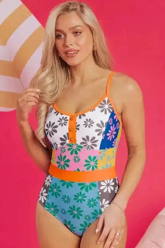 One Piece Swimsuit Orange Floral Teddy Swimsuit